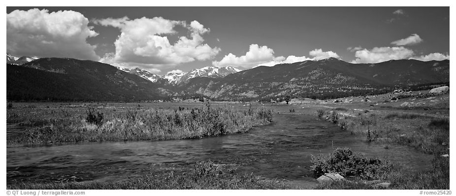 Mountain scenery with green meadows and stream. Rocky Mountain National Park (black and white)
