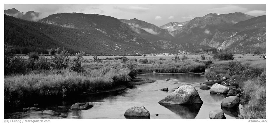 Stream and meadows in autumn. Rocky Mountain National Park (black and white)
