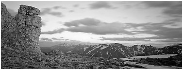 Rock near Toll Memorial at sunset. Rocky Mountain National Park (Panoramic black and white)