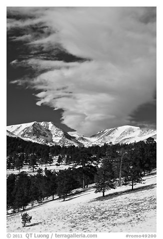 Mummy range and cloud in winter. Rocky Mountain National Park (black and white)