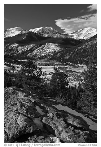 West Horseshoe Park from above, snowy peaks. Rocky Mountain National Park (black and white)