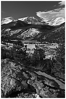 West Horseshoe Park from above, snowy peaks. Rocky Mountain National Park ( black and white)