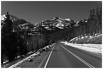Bear Lake Road in winter. Rocky Mountain National Park, Colorado, USA. (black and white)