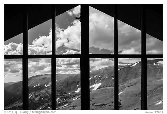View from inside Alpine Visitor Center. Rocky Mountain National Park (black and white)