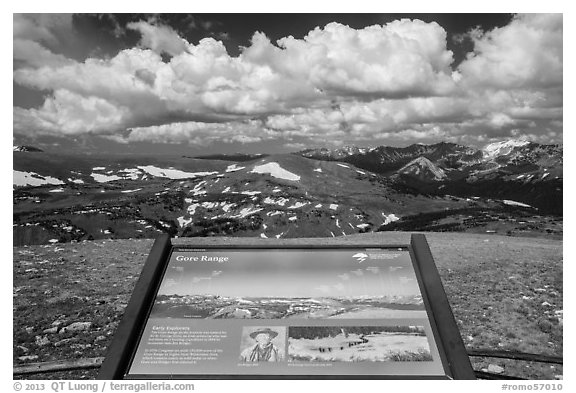 Interpretive sign, Gore Range. Rocky Mountain National Park (black and white)
