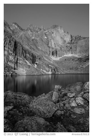 Longs Peak Diamond face and Chasm Lake at dawn. Rocky Mountain National Park (black and white)
