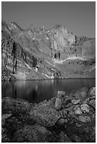 Longs Peak Diamond face and Chasm Lake at dawn. Rocky Mountain National Park ( black and white)