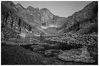 Longs Peak above Chasm Lake at twilight. Rocky Mountain National Park ( black and white)