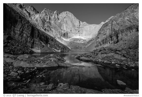 Longs Peak cirque and Chasm Lake, morning. Rocky Mountain National Park (black and white)