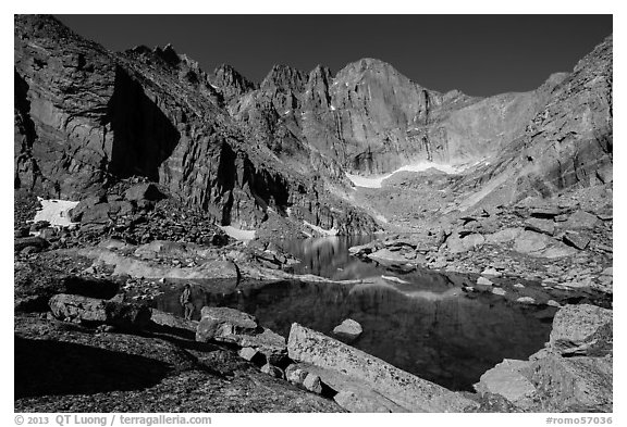 Park visitor Looking, Chasm Lake and Longs Peak. Rocky Mountain National Park (black and white)