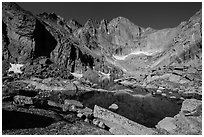 Park visitor Looking, Chasm Lake and Longs Peak. Rocky Mountain National Park ( black and white)