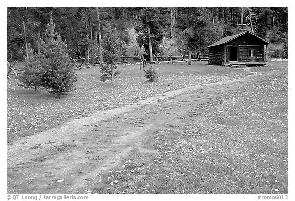Path and historic cabin at Never Summer Ranch. Rocky Mountain National Park, Colorado, USA.