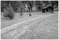 Path and historic cabin at Never Summer Ranch. Rocky Mountain National Park, Colorado, USA. (black and white)