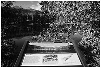 Sprague Lake and Continental Divide interpretive sign. Rocky Mountain National Park ( black and white)