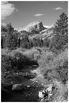 Creek and Hallet Peak in autumn. Rocky Mountain National Park ( black and white)