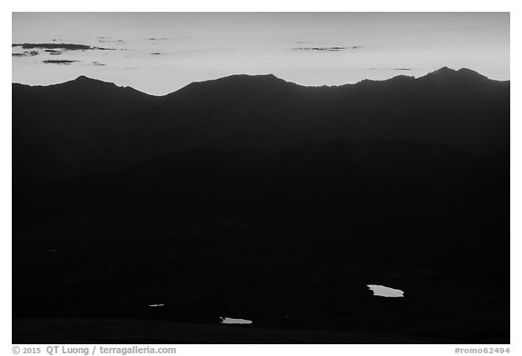 Alpine lakes reflecting the sky below mountain ridges at sunset. Rocky Mountain National Park (black and white)