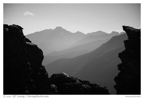Longs Peak framed by Rock Cut at night. Rocky Mountain National Park (black and white)