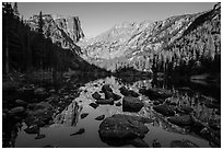 Hallet Peak and Flattop Mountain reflected in Dream Lake. Rocky Mountain National Park ( black and white)