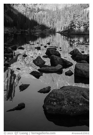 Boulders and reflections in Dream Lake. Rocky Mountain National Park (black and white)