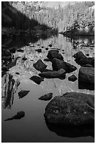 Boulders and reflections in Dream Lake. Rocky Mountain National Park ( black and white)