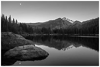 Bear Lake, Longs Peak, boulder and moon. Rocky Mountain National Park ( black and white)