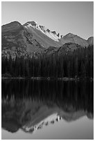 Longs Peak and reflection in Bear Lake at sunset. Rocky Mountain National Park ( black and white)
