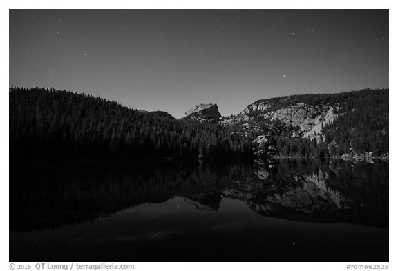 Hallet Peak reflected in Bear Lake at night. Rocky Mountain National Park (black and white)