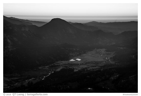 Horseshoe Park from above at sunrise. Rocky Mountain National Park (black and white)