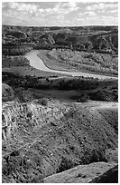 Little Missouri river and badlands at River bend. Theodore Roosevelt National Park ( black and white)
