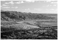 Little Missouri river at Oxbow overlook. Theodore Roosevelt National Park, North Dakota, USA. (black and white)