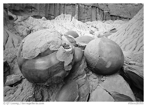 Large cannon ball concretions and badlands. Theodore Roosevelt National Park (black and white)