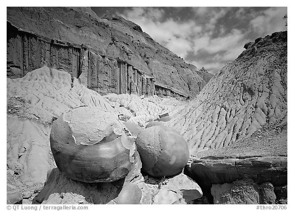 Big cannon ball formations in eroded badlands, North Unit. Theodore Roosevelt National Park (black and white)