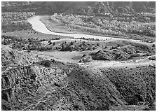 Little Missouri river and badlands at River bend. Theodore Roosevelt  National Park ( black and white)