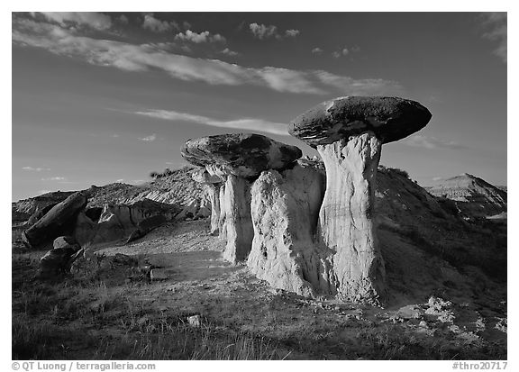 Caprock formations, late afternoon, Petrified Forest Plateau. Theodore Roosevelt National Park (black and white)