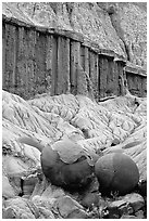 Cannon balls and erosion formations. Theodore Roosevelt National Park, North Dakota, USA. (black and white)
