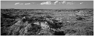 Rugged northern badlands landscape. Theodore Roosevelt National Park (Panoramic black and white)
