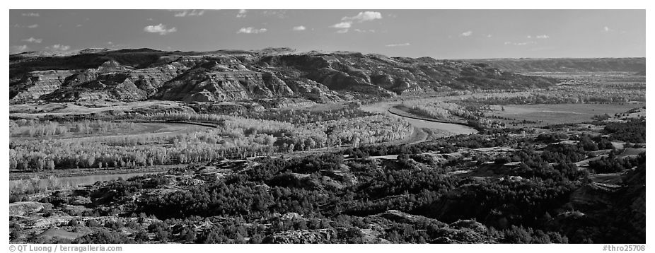 Wide valley with river and aspens in autumn color. Theodore Roosevelt National Park (black and white)