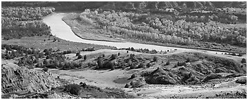 River, badlands, and aspens in the fall. Theodore Roosevelt National Park (Panoramic black and white)