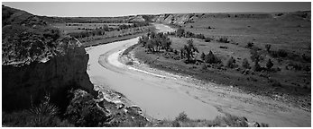 Riverbend and bluff. Theodore Roosevelt National Park (Panoramic black and white)
