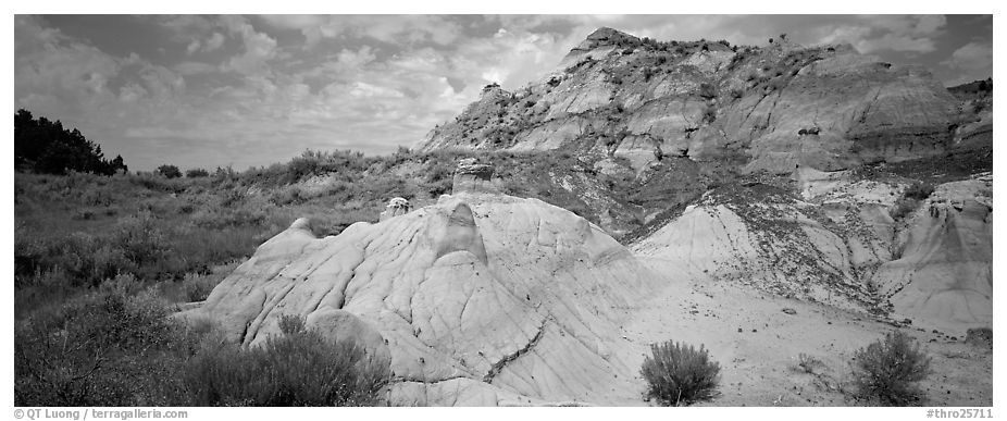 Multi-colored badland scenery. Theodore Roosevelt National Park (black and white)