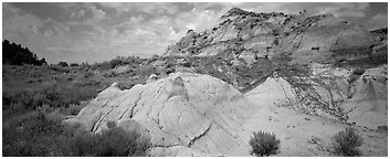 Multi-colored badland scenery. Theodore Roosevelt National Park (Panoramic black and white)