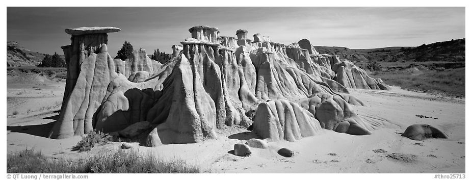 Erosion landscape with pedestal formation. Theodore Roosevelt National Park (black and white)