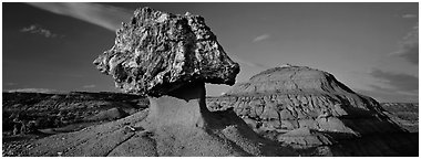 Badlands scenery with pedestal petrified log. Theodore Roosevelt National Park (Panoramic black and white)