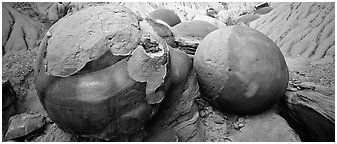 Large cannon ball rocks. Theodore Roosevelt National Park (Panoramic black and white)