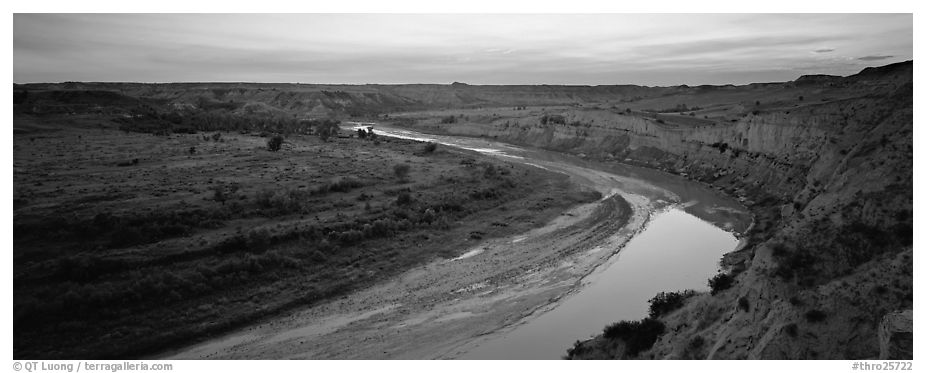 Scenic view of riverbend at sunset. Theodore Roosevelt  National Park (black and white)