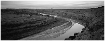Scenic view of riverbend at sunset. Theodore Roosevelt National Park (Panoramic black and white)