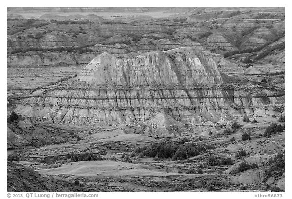 Butte with red scoria cap, Painted Canyon. Theodore Roosevelt National Park (black and white)