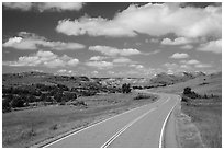 Scenic loop road, South Unit. Theodore Roosevelt National Park, North Dakota, USA. (black and white)