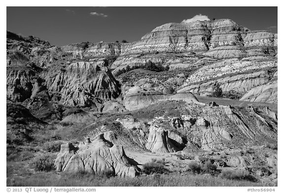 Multicolored layered badlands landscape, North Unit. Theodore Roosevelt National Park (black and white)