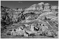 Multicolored layered badlands landscape, North Unit. Theodore Roosevelt National Park ( black and white)